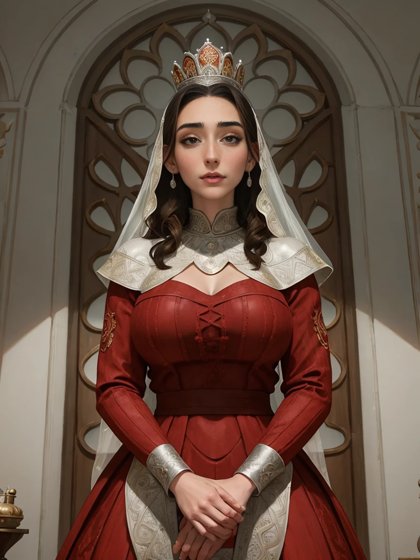 Beautiful and regal, imperious and aloof, busty athletic (thin) brunette queen with sharp facial features wearing a modest updo, dark red medieval dress, long sleeves, intricate patterns, scrollwork, wide neck, crown, veil, long dress, modest dress, tight bodice, (silver waist chain), medieval jewelry, Middle Ages, castle, rampart, wall, stained glass