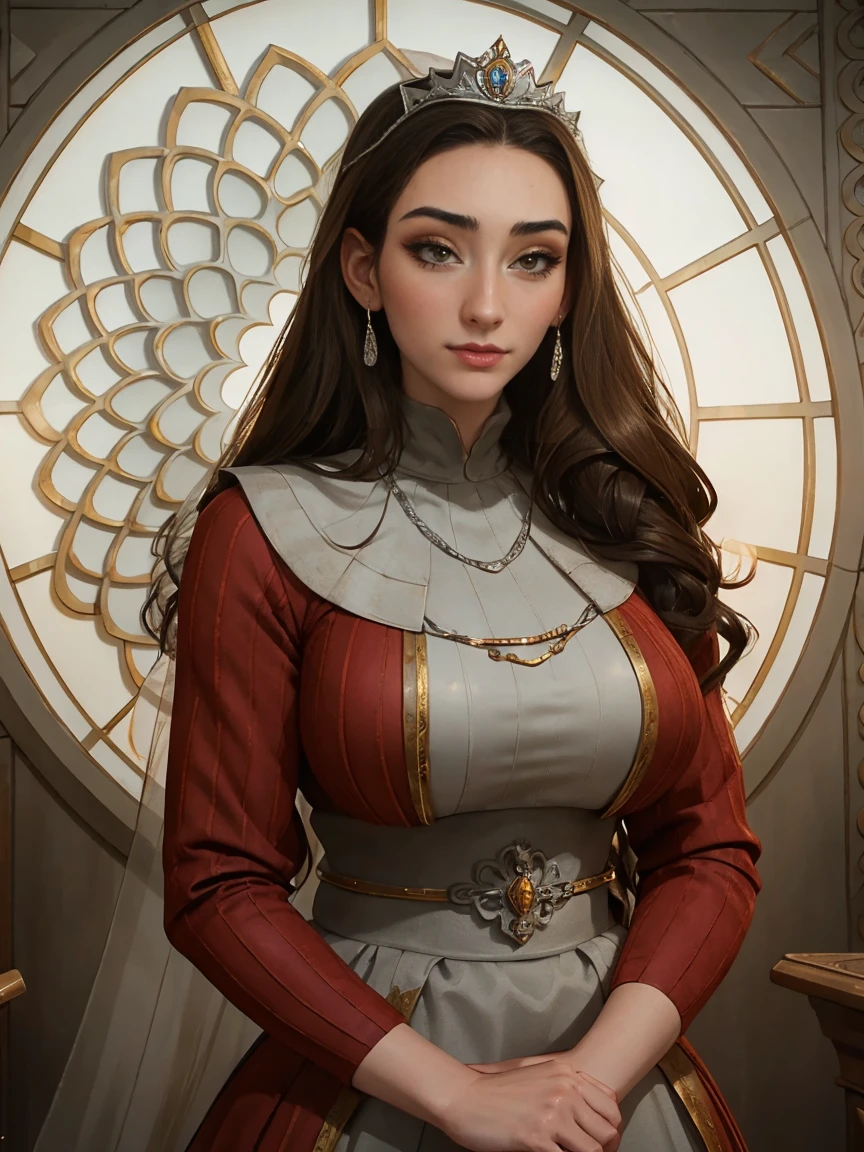Beautiful and regal, imperious and aloof, busty athletic (thin) brunette queen with sharp facial features wearing a modest updo, dark red medieval dress, long sleeves, intricate patterns, scrollwork, wide neck, crown, veil, long dress, modest dress, tight bodice, (silver waist chain), medieval jewelry, Middle Ages, castle, rampart, wall, stained glass