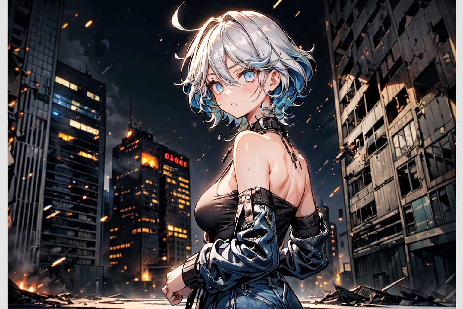 ((1 GIRL)) ((High Resolution)) ((10k,asian girl)), ((Japanese)) (( physically mature female)) (( average sized breasts)), 25-year-old, (( 2d anime girl)), ((short dark-haired)), ((windswept hair)) ((ultra high quality))((flawless))((4k UHD)) ((Best Quality)) ((Daytime)) ((eyes glowing yellow )), wearing a ((black long sleeve shoulderless, blank T-shirt)) wearing ((blue jeans)) and black and yellow sneakers with (((blood splattered))) on it and her face, standing in the street ((facing front and center turned toward the camera)) in a ((ruined city)) filled with ((heavily damaged)) and worn (( tall skyscrapers with gaping holes in their structures while on fire)) and ((crushed vehicles on fire)) ((city in ruins)) and small and ((raging fires all around)) and an ((intimidating)) look on her face.
