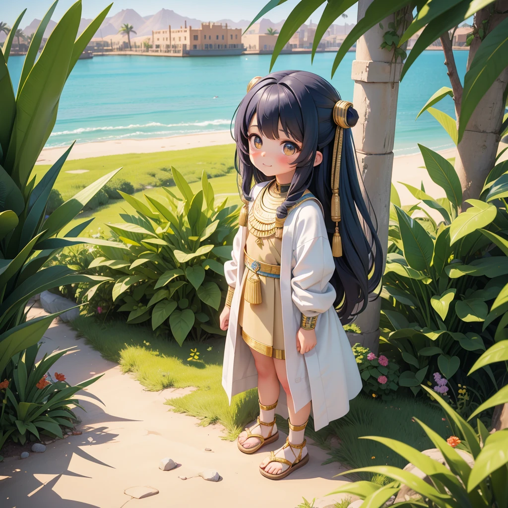 かわいいAncient Egyptの15歳の女の子、Ancient Egypt、View of the Nile、A colorful view of the whole、whole body、Low - Angle、Standing posture、Reeds are growing、Ancient Egyptの船、Ancient Egyptの風景