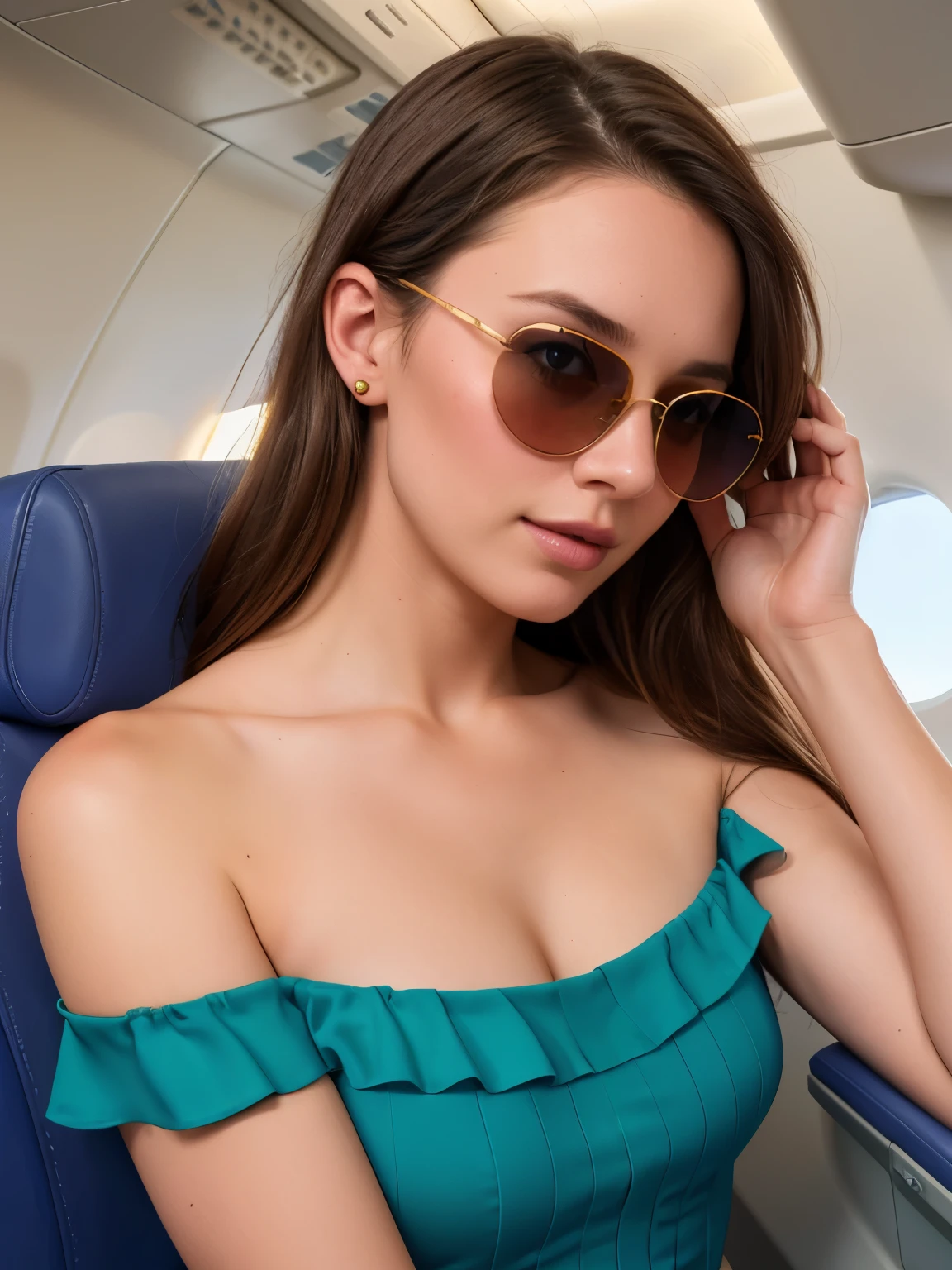 Australian model girl, (30 years old), in the airplane, off shoulder dress, sunglasses, blushing expression, (bottom view), (face and skin details, ), (masterpiece, best quality, highly detailed, hyper realistic)
