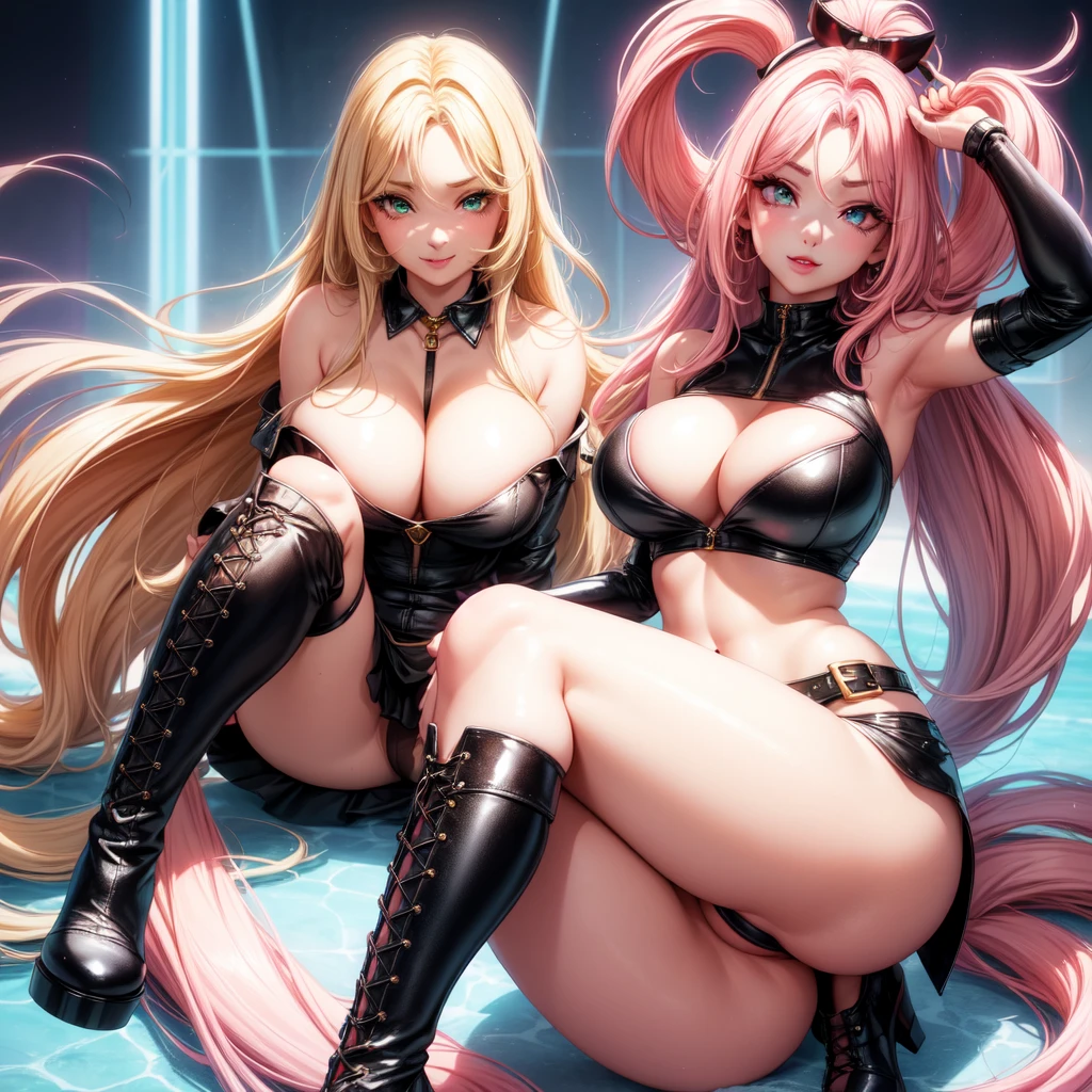 ((2 girls), solo, clevage, Big round breasts, trendy, stylish, clevage, thighs, hips, realistic, pink hair, blonde hair, light green eyes, lip gloss, detailed face, amazing big eyes, eye details, big lips, eyebrow details, blush, smirk, naughty, mischevious face, HD, good quality, thick thighs, attractive, black heel boots 