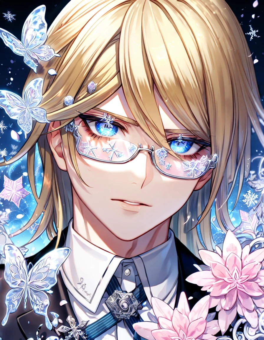 Ultra detailed, HDR, Highres, absurdres, master piece, Togami Byakuya, blonde hair, chin length hair, expressive blue eyes, white glasses, black jacket, white shirt, Danganronpa, handsome, ice glittering butterflies, ice, petals, ice pink glass flowers, glittering, fantasy, magical, snowflakes, cold, solo, sexy man,