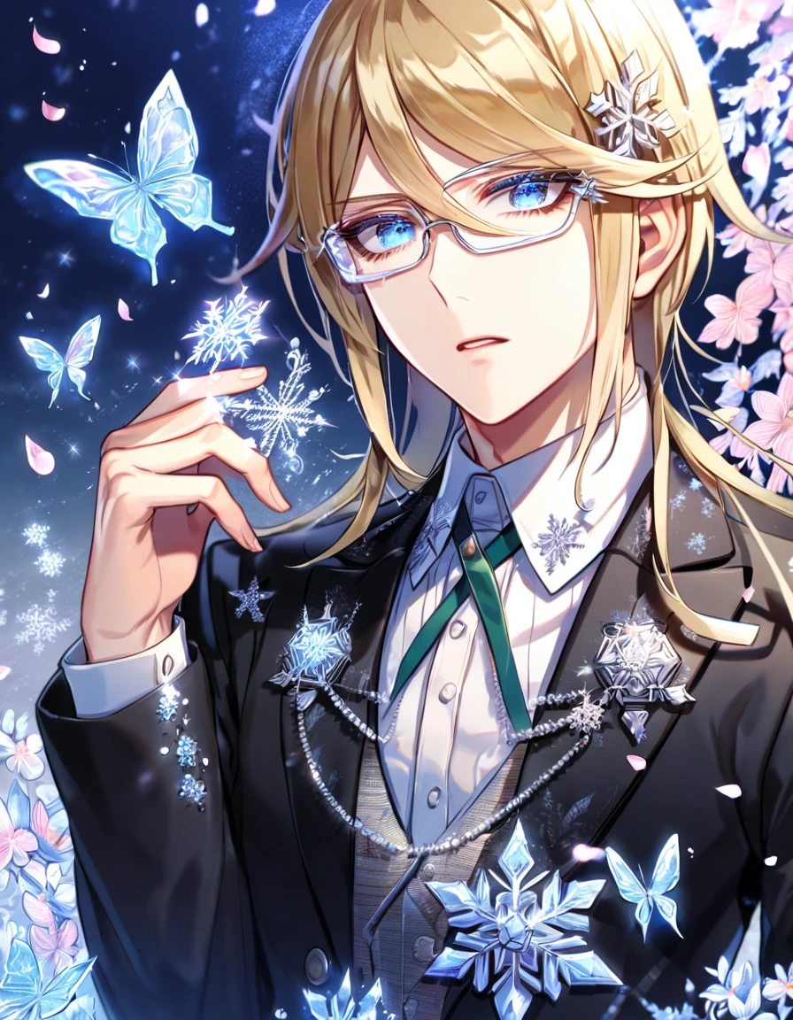 Ultra detailed, HDR, Highres, absurdres, master piece, Togami Byakuya, blonde hair, chin length hair, expressive blue eyes, white glasses, black jacket, white shirt, Danganronpa, handsome, ice glittering butterflies, ice, petals, ice pink glass flowers, glittering, fantasy, magical, snowflakes, cold, solo, sexy man,