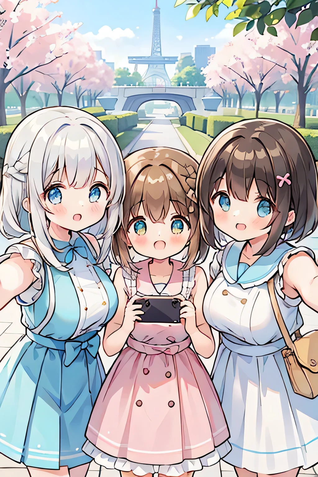 Highest quality、High resolution、Detailed Background、(Beautiful face in every detail:1.4)、Detailed facial expressions、Anatomically correct、(Detailed eyes:1.2)、Teenage beauty、(Huge breasts:1.2)、cute hair color、Braided Ponytail、Braided bob cut、Braided twin tails、Perfect body line、
cute gesture、Innocent joy、A fun atmosphere、In a joking manner、

(Three beautiful girls having fun taking a selfie together with their friends:1.5)、

Odaiba Seaside Park is a park by the sea where you can take selfies with the Rainbow Bridge and Tokyo Tower in the background.、
You can take selfies at Sensoji Temple&#39;s Kaminarimon Gate and Nakamise Street in a traditional Japanese atmosphere.、
Omotesando is lined with stylish cafes and shops, so you can take selfies with the streetscape in the background.、cute