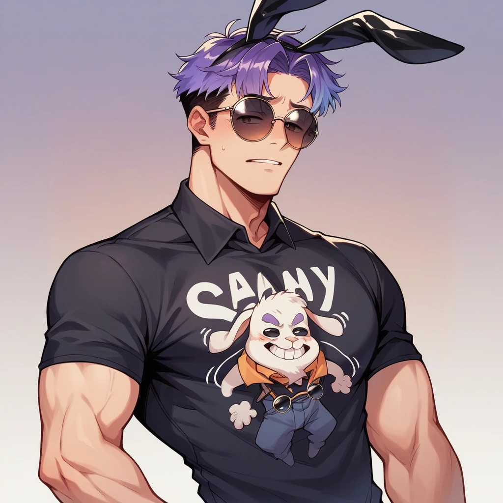 アニメ, best qualityer, white male, Scrawny, purple gradient hair,black shirt with playboy bunny print, round sunglasses,