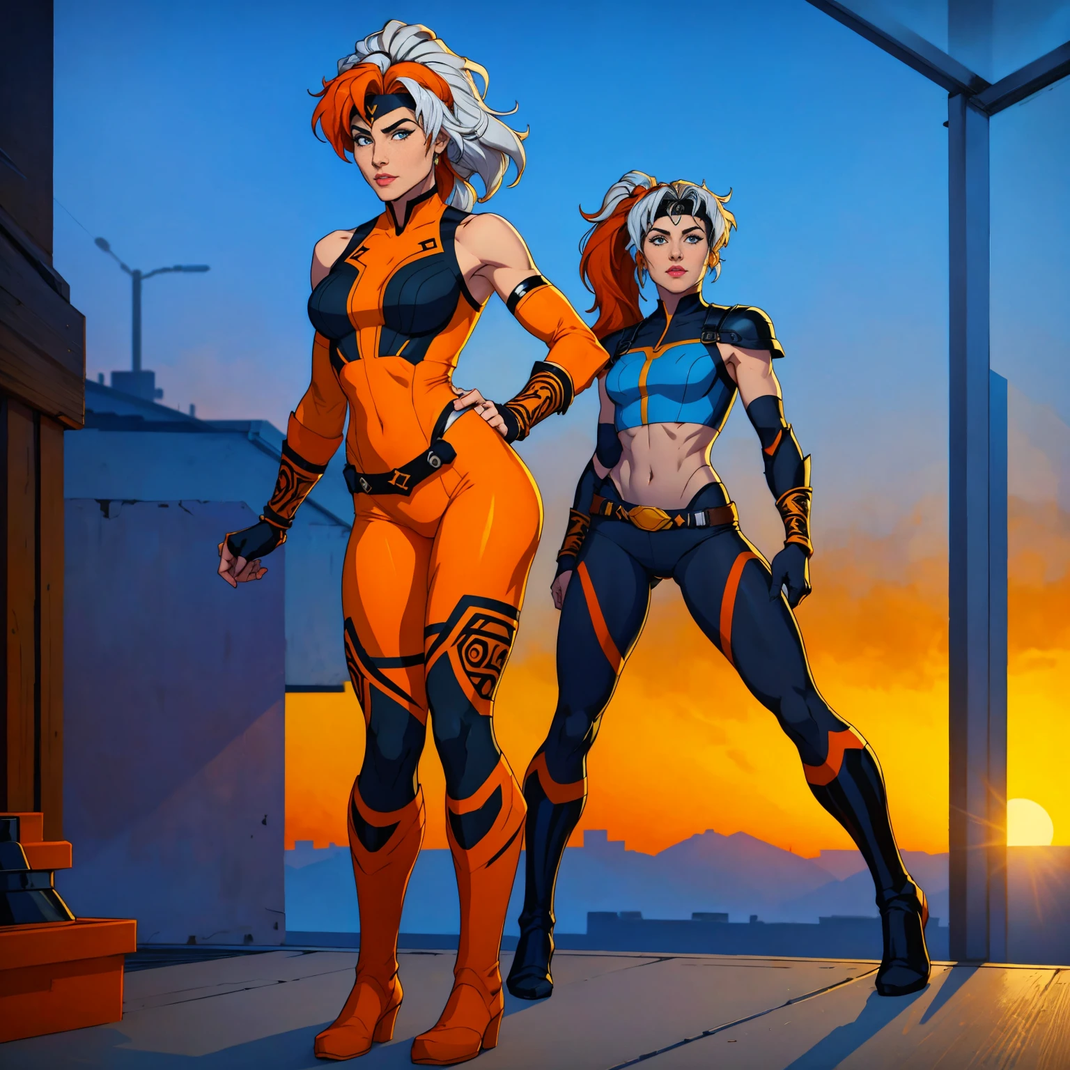 ((Full body photo, standing, feet on the floor)) (best quality,4k,8k,highres,masterpiece:1.2),ultra-detailed,(realistic,photorealistic,photo-realistic:1.37),full body shot,Rogue,X-Men,yellow thigh high boots,beauty pose, standing tall, show feet, outside, city rooftop at night, green headband, with Ponytail, Light Blue Eyes, Round Glasses with a Slightly Dark Lens with this Lens being Orange, and the Light Blue Color frame, ((Black Metallic Gauntlets and Greaves with Orange and Silver Highlights)), (((The Clothes Have a Mix of Modern and Tribal))), (((The Clothes Have a Mix of Modern and Tribal))), having mostly the color black, but having parts in orange, shoulders exposed, at the hip a shorts that extend to half of the thigh of black color.