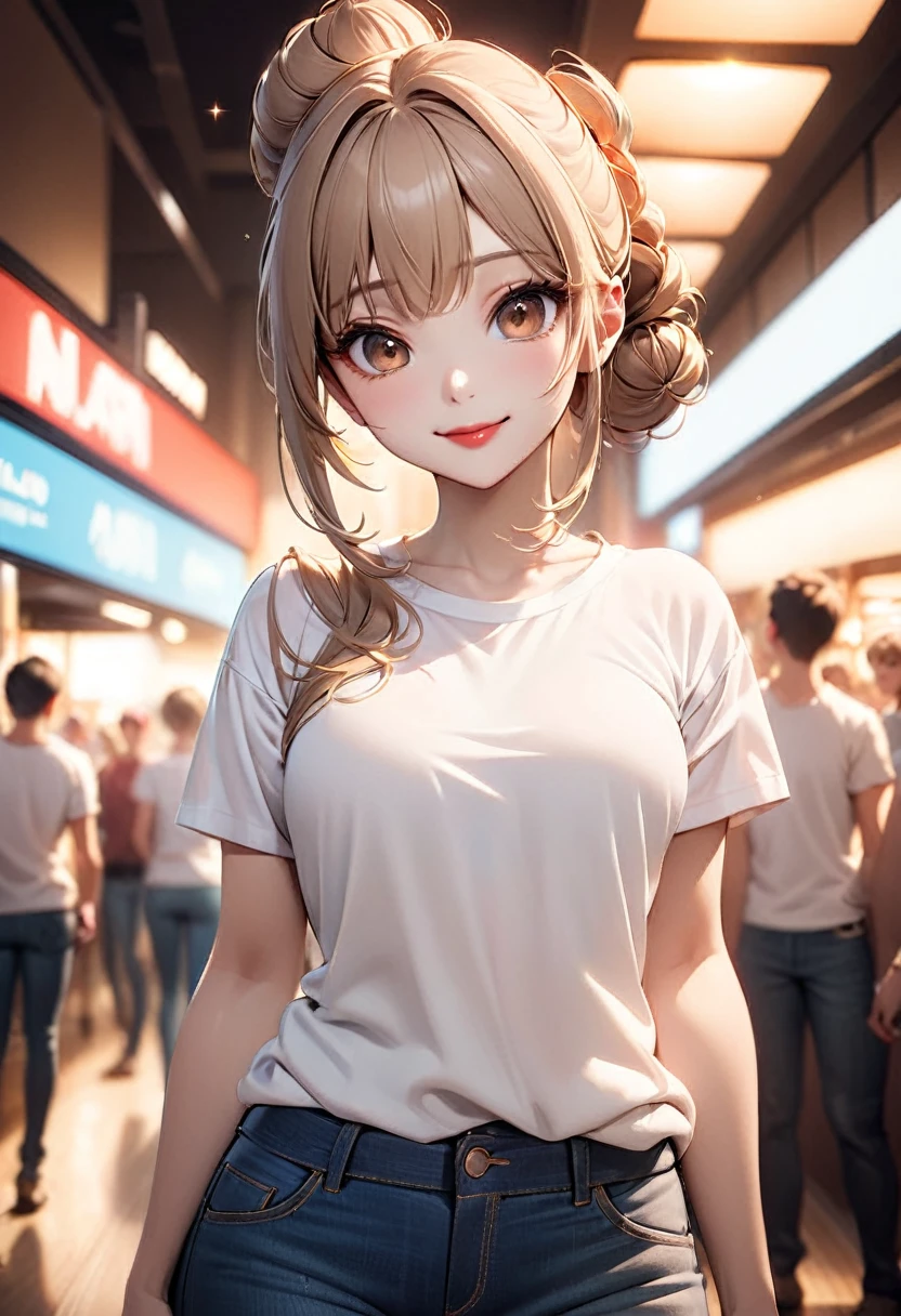(Highest quality,8k,High resolution,masterpiece:1.2)、Cowboy Shot、 girl，Delicate face，Delicate eyes，Light Brown Hair，Straight hair，Tight bun hairstyle、Sparkling dark brown eyes，(White T-shirt and jeans:1.4)、Red lips，Looking this way and smiling、Staring at the audience，(HD Skins)，Shallow depth of field，Warm colors，2-color light
