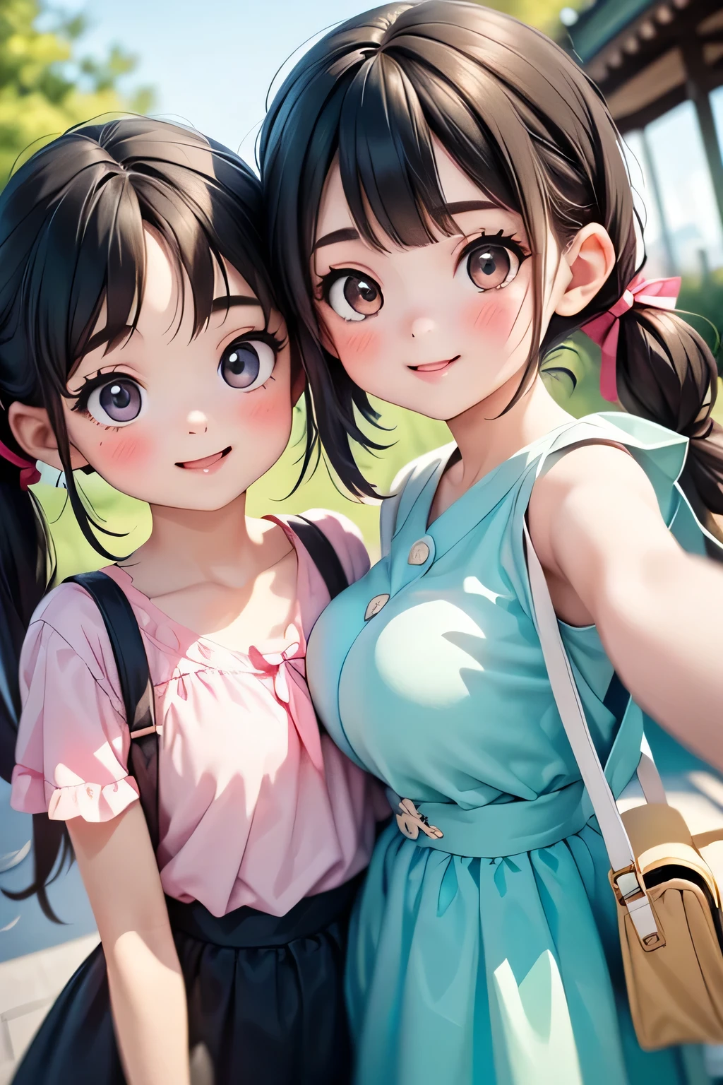 Highest quality、High resolution、Detailed Background、(Beautiful face in every detail:1.4)、Detailed facial expressions、Anatomically correct、(Detailed eyes:1.2)、age beauty、(Huge breasts:1.2)、cute hair color、Braided Ponytail、Braided bob cut、Braided twin tails、Perfect body line、
cute gesture、Innocent joy、A fun atmosphere、In a joking manner、
(Three beautiful girls having fun taking a selfie together with their friends:1.5)、
Odaiba Seaside Park is a park by the sea where you can take selfies with the Rainbow Bridge and Tokyo Tower in the background.、
You can take selfies at Sensoji Temple's Kaminarimon Gate and Nakamise Street in a traditional Japanese atmosphere.、
Omotesando is lined with stylish cafes and shops, so you can take selfies with the streetscape in the background.、cute