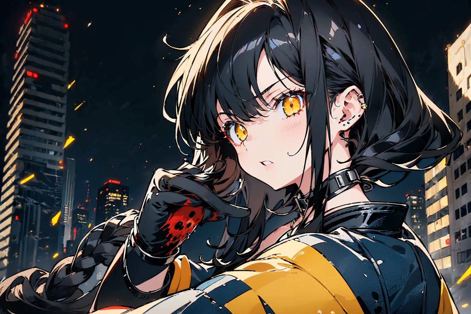 ((1 GIRL)) ((High Resolution)) ((10k,asian girl)), ((Japanese)) (( physically mature female)) (( average sized breasts)), 25-year-old, (( 2d anime girl)), ((short dark-haired)), ((windswept hair)) ((ultra high quality))((flawless))((4k UHD)) ((Best Quality)) ((Daytime)) ((eyes glowing yellow )), wearing a ((black long sleeve shoulderless, blank T-shirt)) wearing ((blue jeans)) and black and yellow sneakers with (((blood splattered))) on it and her face, standing in the street ((facing front and center turned toward the camera)) in a ((ruined city)) filled with ((heavily damaged)) and worn (( tall skyscrapers with gaping holes in their structures while on fire)) and ((crushed vehicles on fire)) ((city in ruins)) and small and ((raging fires all around)) and an ((intimidating)) look on her face.