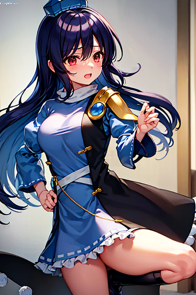 Sex,Megumu Iizunamaru, Blue Tokin Hat, White Circle Scarf, 青いClothes, Gold Shoulder Plate, Black Cape, pom-pom (Clothes), Purple Connect Feature, Sex, No pants, front,