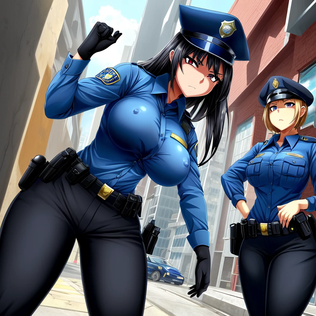 ((female anime police officer with perfect figure beautiful breasts and hips, she is dressed in black trousers and a wet police blue shirt through which her bare breasts are visible, she frowned with anger)), ((in detail down to the smallest detail, Best quality, masterpiece))