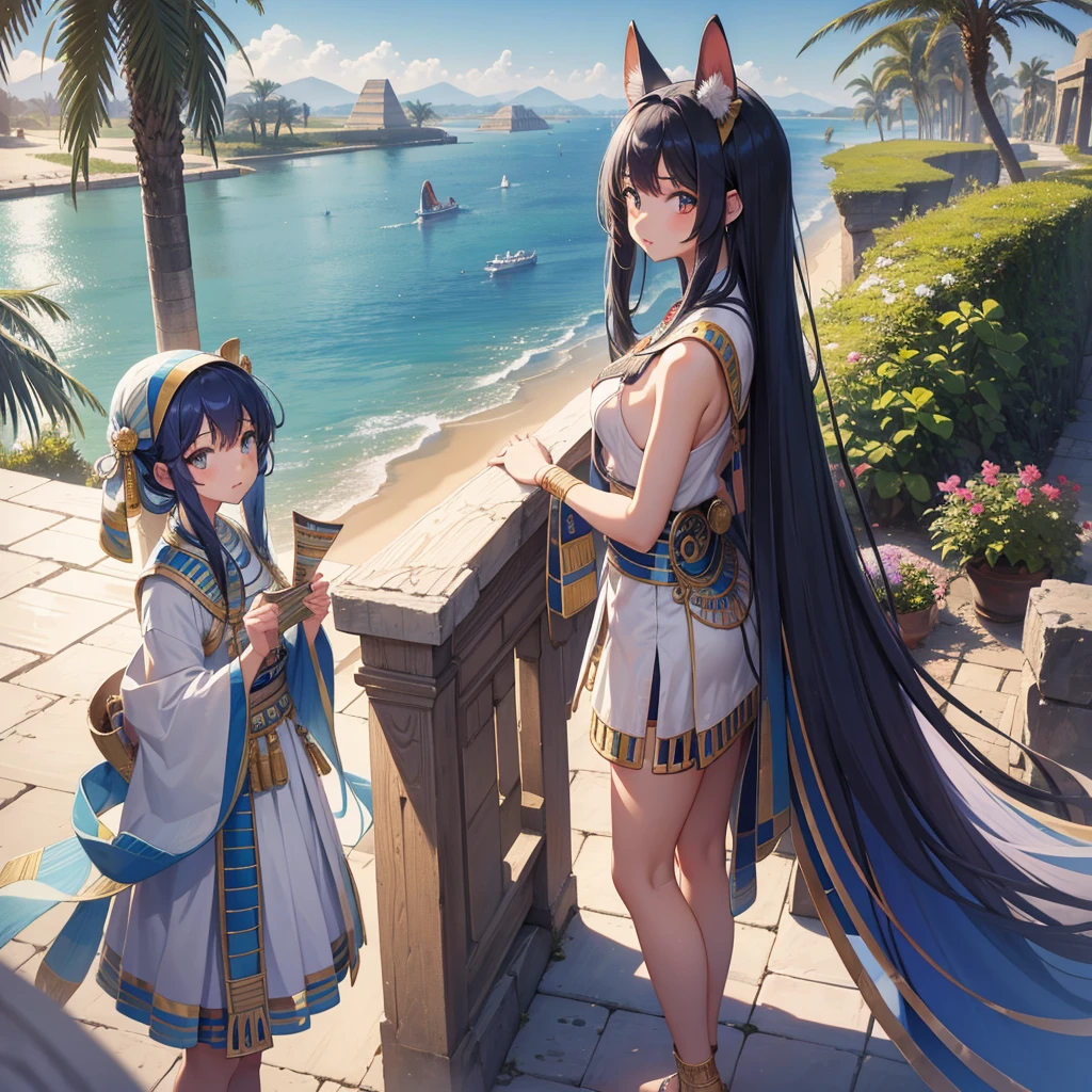 かわいいAncient Egyptの15歳の女の子、Ancient Egypt、View of the Nile、A colorful view of the whole、whole body、Low - Angle、Standing posture、Reeds are growing、Ancient Egyptの船、Ancient Egyptの風景