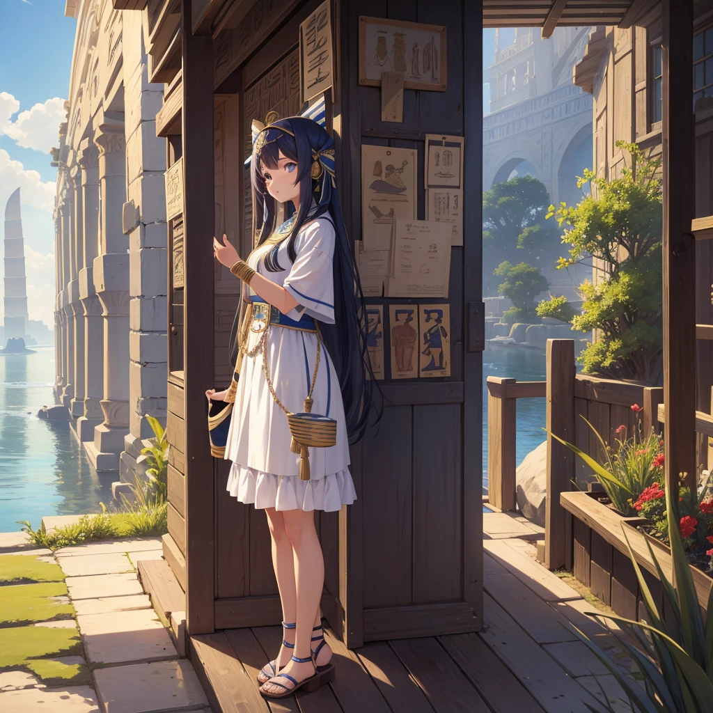 かわいいAncient Egyptの15歳の女の子、Ancient Egypt、View of the Nile、A colorful view of the whole、whole body、Low - Angle、Standing posture、Reeds are growing、Ancient Egyptの船、Ancient Egyptの風景