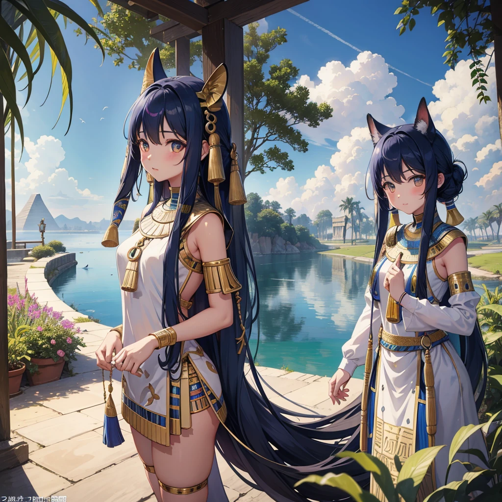 かわいいAncient Egyptの15歳の女の子、Ancient Egypt、View of the Nile、A colorful view of the whole、whole body、Low - Angle、Standing posture、Reeds are growing、Ancient Egyptの船、Ancient Egyptの風景