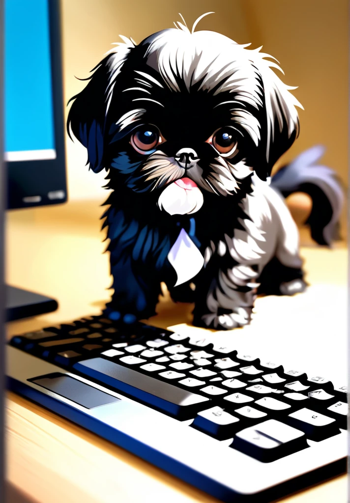 Cute black shih tzu puppies,  pressing types in a keyboard pc, and error on the screen, dinamic angle, atmospheric, movie, pro