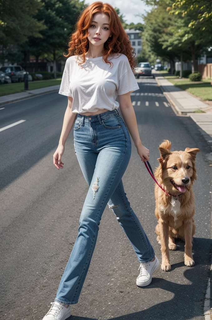 redhead woman, curly hair, jeans sexy, showing slim waist, with dog walking