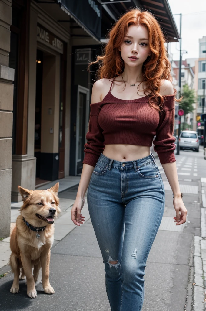 redhead woman, curly hair, jeans sexy, showing slim waist, with dog walking