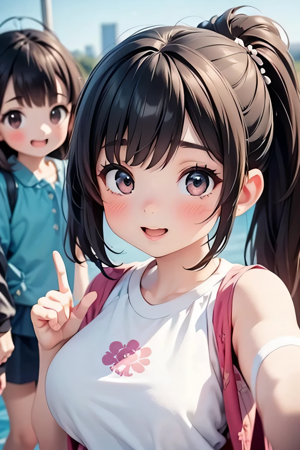 (superflat, flat shading, flat colors), (closeup), 3girls, 14yo, teen, rock band, (white panties), no skirt, , play electric guitars, in a garage, sing, having fun, bright, wide angle, vibrant colors, watercolor, ghibli style (Best Quality,4K,High resolution), Delicately expressed illustrations with realistic details,Gathering of 5 women+selfee,Looking at the camera、Point the camera up,Staring at this、Smile,Red color clothes,(Black long straight hair),Yellow clothes,( Brown bob hair)Blue color clothes,(short-haired and disheveled hair,,,,) pink color clothes,( Beautiful with a pink ponytail),white colored clothes,(Blonde twintails),5 women of idol type,stage,Lively exterior,comic strip,animesque,Comical illustration,Cute illustrations delicately drawn in detail,Looking up at the camera from above
