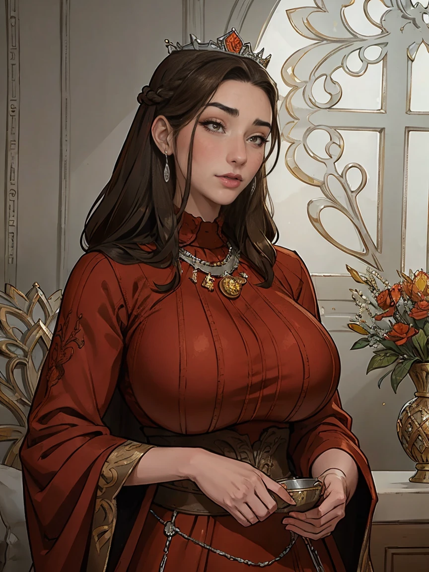 Beautiful and regal, imperious and aloof, busty athletic (thin) brunette queen with sharp facial features wearing a modest updo, dark red medieval dress, long sleeves, intricate patterns, scrollwork, wide neck, crown, veil, long dress, modest dress, tight bodice, (silver waist chain), medieval jewelry, Middle Ages, castle, rampart, wall, stained glass