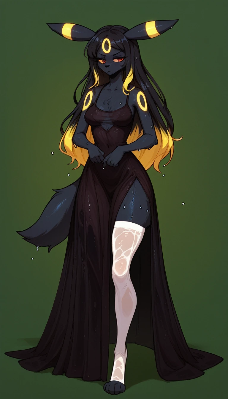 Tired expression, 1girl, anthro, furry, fur, fluffy fur, umbreon girl, black hair (yellow highlights), red eyes, long hair, straight hair, (19 years), medium breast, thighs, solo, (green background), detailed, black dress, white stockings, (closed mouth), annoyed, yellow eye shadow, (full body), standing, score_9, score_8_up, score_7_up, score_6_up, score_5_up, score_4_up thicc huge tits fat see through dress ((wet))