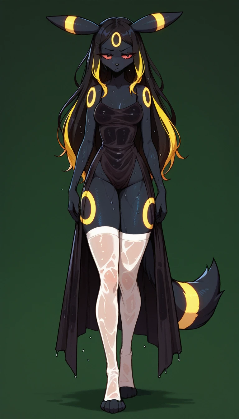 Tired expression, 1girl, anthro, furry, fur, fluffy fur, umbreon girl, black hair (yellow highlights), red eyes, long hair, straight hair, (19 years), medium breast, thighs, solo, (green background), detailed, black dress, white stockings, (closed mouth), annoyed, yellow eye shadow, (full body), standing, score_9, score_8_up, score_7_up, score_6_up, score_5_up, score_4_up thicc huge tits fat see through dress ((wet))