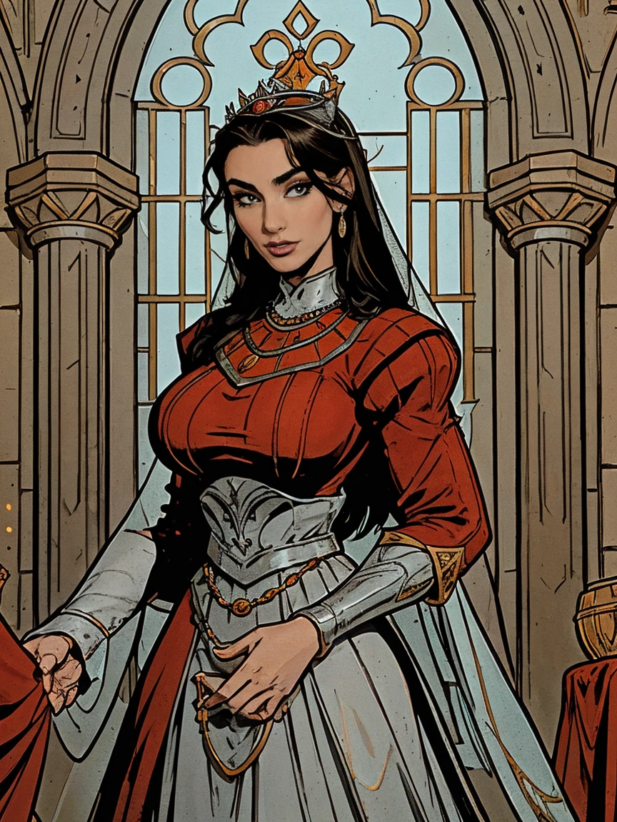 Beautiful and regal, imperious and aloof, busty athletic (thin) brunette queen with sharp facial features wearing a modest updo, dark red medieval dress, long sleeves, embroidery, wide neck, crown, veil, long dress, modest dress, tight bodice, (silver waist chain), medieval jewelry, Middle Ages, castle, rampart, wall, stained glass
