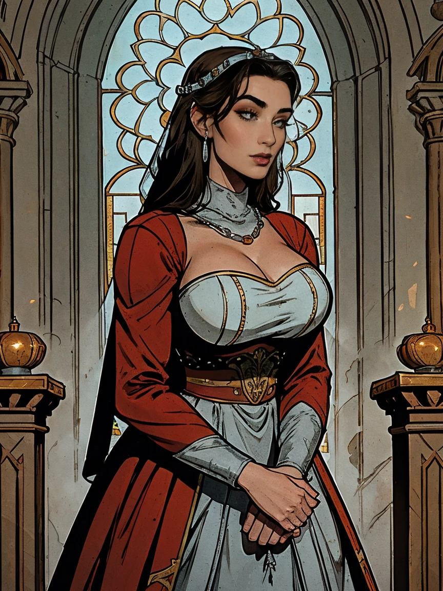 Beautiful and regal, imperious and aloof, busty athletic (thin) brunette queen with sharp facial features wearing a modest updo, dark red medieval dress, long sleeves, embroidery, wide neck, crown, veil, long dress, modest dress, tight bodice, (silver waist chain), medieval jewelry, Middle Ages, castle, rampart, wall, stained glass