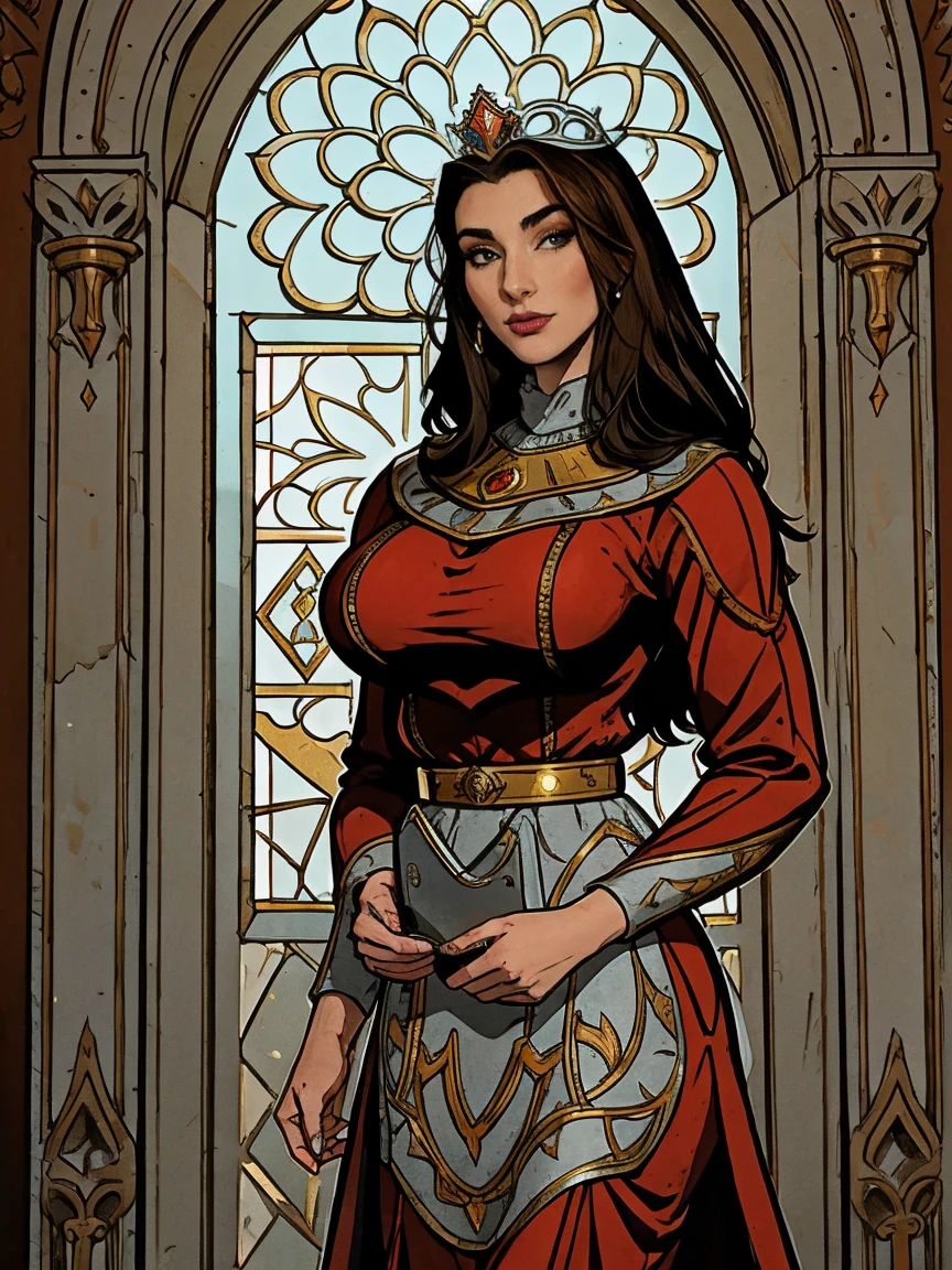 Beautiful and regal, imperious and aloof, busty athletic (thin) brunette queen with sharp facial features wearing a modest updo, dark red medieval dress, long sleeves, intricate patterns, scrollwork, wide neck, crown, veil, long dress, modest dress, tight bodice, (silver waist chain), medieval jewelry, Middle Ages, castle, rampart, wall, stained glass