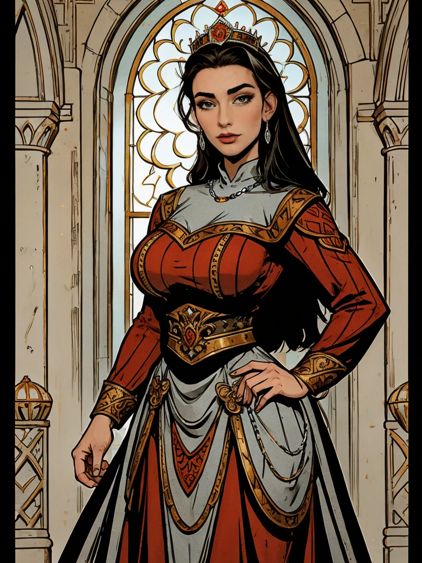 Beautiful and regal, imperious and aloof, busty athletic (thin) brunette queen with sharp facial features wearing a modest updo, dark red medieval dress, long sleeves, intricate patterns, scrollwork, wide neck, crown, veil, long dress, modest dress, tight bodice, (silver waist chain), medieval jewelry, Middle Ages, castle, rampart, wall, stained glass