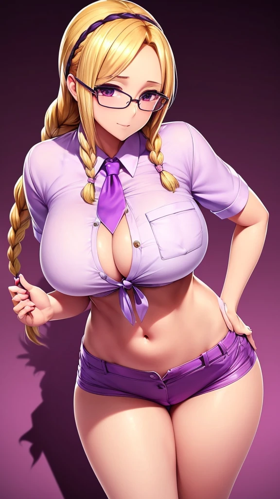 A beautiful girl with a big breast, long round blonde hair, braids, her brown eye, big purple glasses, wearing a blouse, a light purple pocket with a button, tied knot, showing a navel and a blue shorts, a pocket with a black heel.