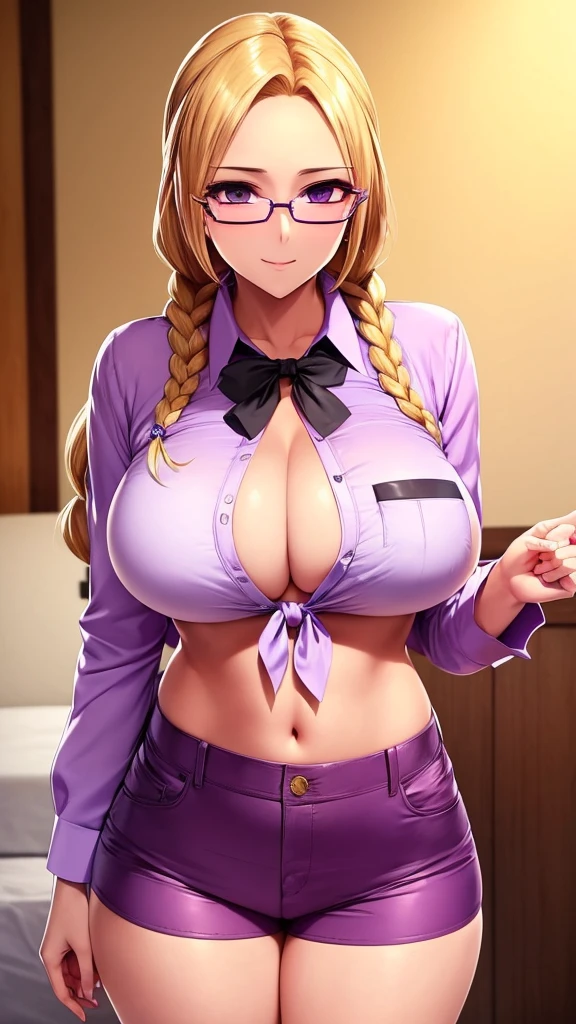 A beautiful sexy girl with a big breast, long round blonde hair, braids, her brown eye, big purple glasses, wearing a blouse, a light purple pocket with a button, tied knot, showing a navel and a blue shorts, a pocket with a black heel. 