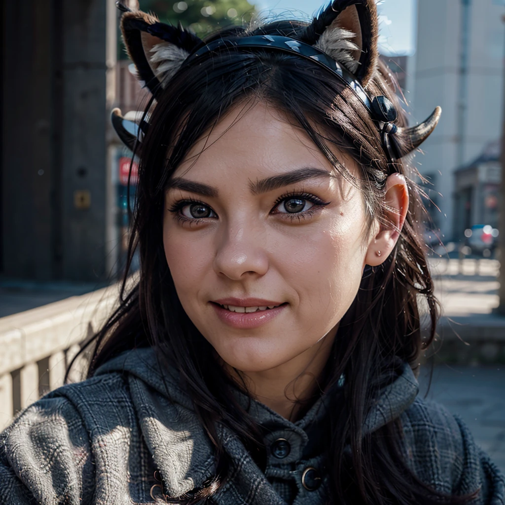 black hair, hair bobbles, wince, longeyelashes, solid circle eyes, fake animal ears, light smile, ear blush, fang, ccurate, hairband, crown, hood, beret, facepaint, antlers, demon horns, raccoon ears, no pupils, symbol-shaped pupils, Surrealism, drop shadow, anaglyph, stereogram, tachi-e, pov, atmospheric perspective, Conceptual art, Conceptual art, Conceptual art, Conceptual art, motion blur, bloom, blurry foreground, cowboy shot, fisheye, from below, from side, sideways, 8k, super detail, best quality