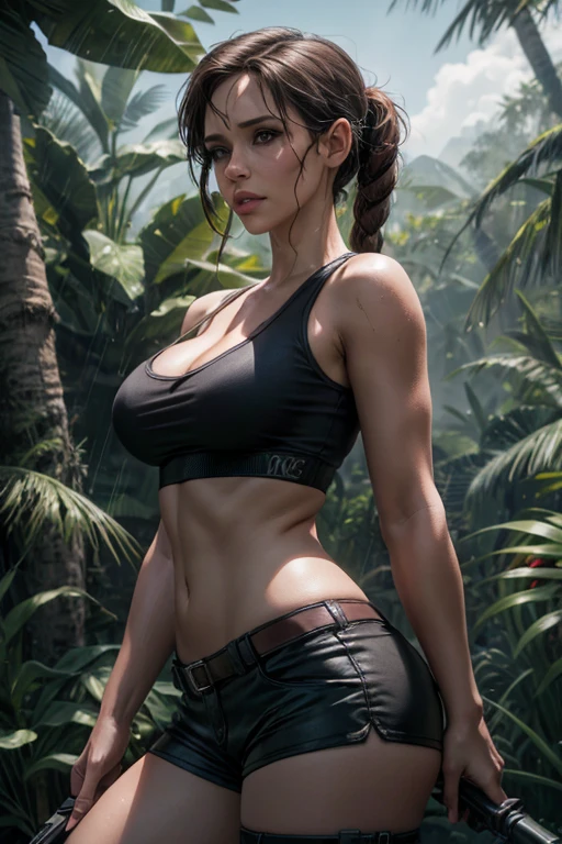 1girl, alone, (Lara Croft), Digital art, Jennifer Love Hewitt as Lara Croft, Tanktop,booty shorts, in the jungle, cleavage, midriff, Detailed clothes, masterpiece, symmetrical, excited face, big breasts, medium thigh medium waist, wide hips, Jungle, rain forest, jungle adventure, front View, Bokeh, 4K Masterpiece, HDR