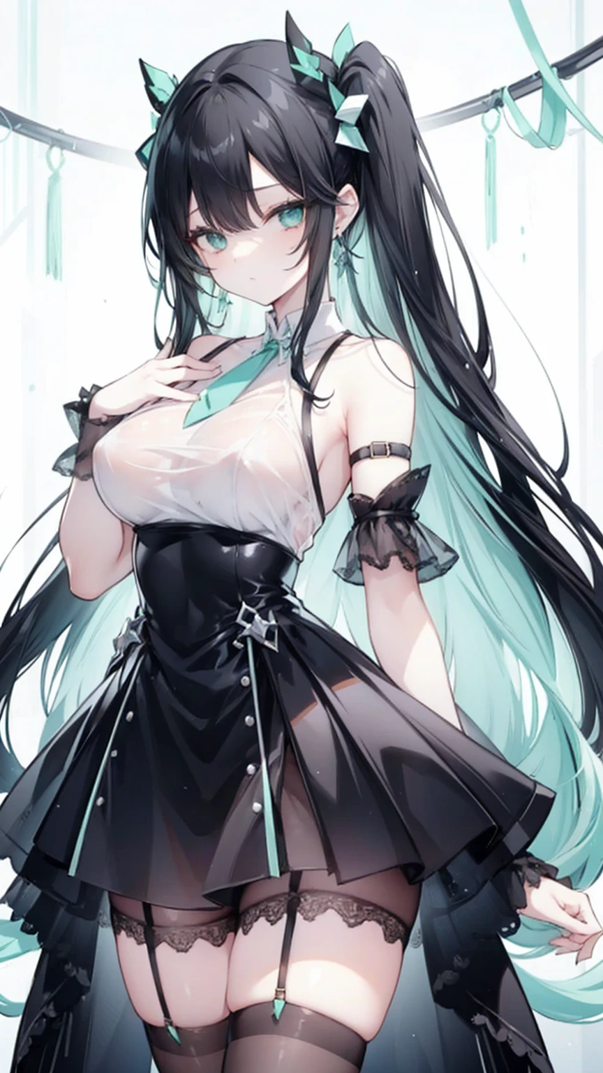 Long Black Hair、Half Up、Mint accents、Slanted Eyes、Mint-colored eyeint colored earrings、Big Breasts、Shoulder Bare、Black clothes、See-through、Black Skirt、tights、garter belt