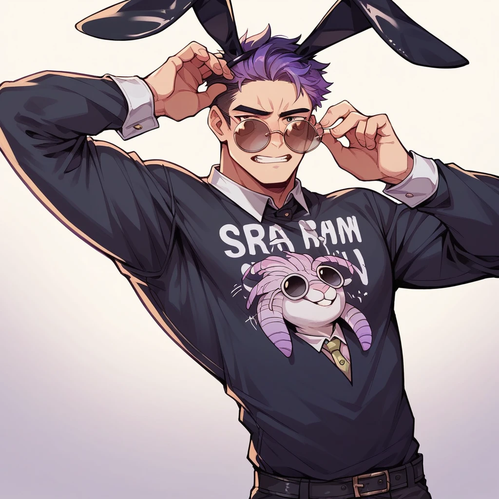 アニメ, best qualityer, white male, Scrawny, purple gradient hair,black shirt with playboy bunny print, round sunglasses, 