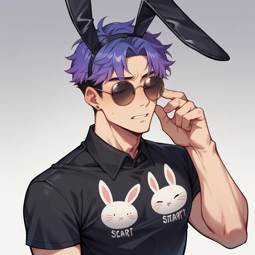 アニメ, best qualityer, white male, Scrawny, purple gradient hair,black shirt with playboy bunny print, round sunglasses, 
