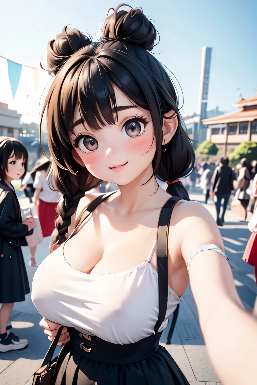 Highest quality、High resolution、Detailed Background、(Beautiful face in every detail:1.4)、Detailed facial expressions、Anatomically correct、(Detailed eyes:1.2)、age beauty、(Huge breasts:1.2)、cute hair color、Braided Ponytail、Braided bob cut、Braided twin tails、Perfect body line、
cute gesture、Innocent joy、A fun atmosphere、In a joking manner、
(Three beautiful girls having fun taking a selfie together with their friends:1.5)、
Odaiba Seaside Park is a park by the sea where you can take selfies with the Rainbow Bridge and Tokyo Tower in the background.、
You can take selfies at Sensoji Temple's Kaminarimon Gate and Nakamise Street in a traditional Japanese atmosphere.、
Omotesando is lined with stylish cafes and shops, so you can take selfies with the streetscape in the background.、cute