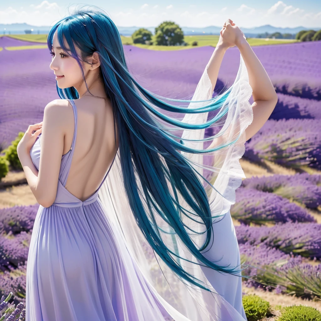 (Highest quality, 32K, High resolution, Masterpiece:1.5), marimo_jet, god々A photograph with brilliant dazzling and healing power., Evoking a sense of calm and elusive beauty, Expressing emotions, Have a rich imagination, Beautiful Japanese Girls, An exceptionally beautiful face, ((Back view, Looking back:1.4)), Small Face Beauty, , Perfect Human Anatomy, Magical big eyes, Motherhood and generosity, Deep Love, fleeting smile, (shiny blue hair:1.2), Super long hair swaying in the wind, Asymmetrical bangs, Hair between the eyes, Transparent, soft white skin, Sharp eyebrows, Thin lashes, ((Natural Makeup:1.3)), White dress, High resolutionの完璧な鎖骨, High resolutionの美しい胸元, Slim figure with ample breasts, High resolutionの美しい太もも, ((Distant Horizon:1.5)), ((Lavender fields stretching to the horizon:1.3)), Beautiful detailed blue sky, Professional photographer, Professional Lighting, Professional models