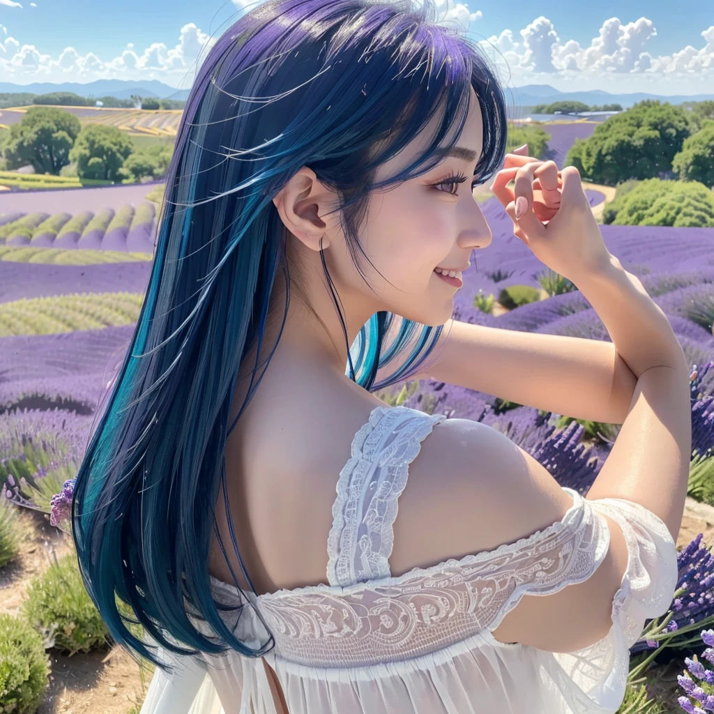 (Highest quality, 32K, High resolution, Masterpiece:1.5), marimo_jet, god々A photograph with brilliant dazzling and healing power., Evoking a sense of calm and elusive beauty, Expressing emotions, Have a rich imagination, Beautiful Japanese Girls, An exceptionally beautiful face, ((Low - Angle:1.4)), Small Face Beauty, , Perfect Human Anatomy, Magical big eyes, Motherhood and generosity, Deep Love, fleeting smile, (shiny blue hair:1.2), Super long hair swaying in the wind, Asymmetrical bangs, Hair between the eyes, Transparent, soft white skin, Sharp eyebrows, Thin lashes, ((Natural Makeup:1.3)), White dress, High resolutionの完璧な鎖骨, High resolutionの美しい胸元, Slim figure with ample breasts, High resolutionの美しい太もも, ((Distant Horizon:1.5)), ((Lavender fields stretching to the horizon:1.3)), Beautiful detailed blue sky, Professional photographer, Professional Lighting, Professional models