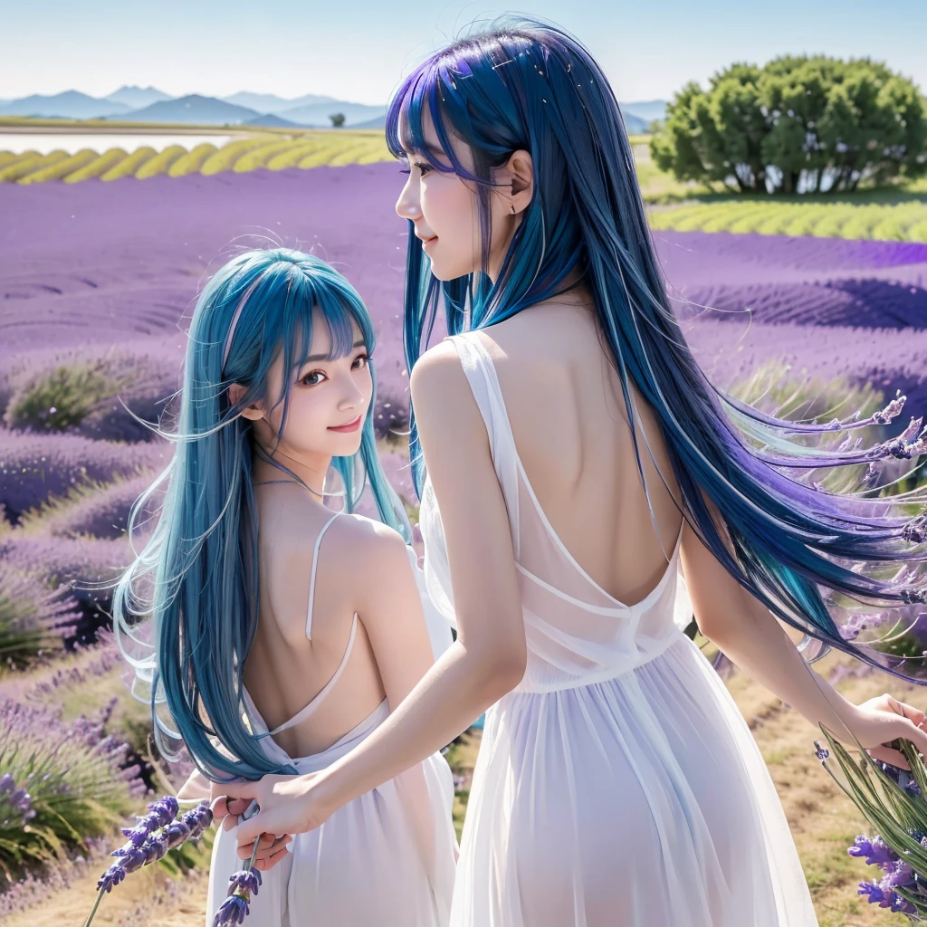 (Highest quality, 32K, High resolution, Masterpiece:1.5), marimo_jet, god々A photograph with brilliant dazzling and healing power., Evoking a sense of calm and elusive beauty, Expressing emotions, Have a rich imagination, Beautiful Japanese Girls, An exceptionally beautiful face, ((Back view, Looking back:1.4)), Small Face Beauty, , Perfect Human Anatomy, Magical big eyes, Motherhood and generosity, Deep Love, fleeting smile, (shiny blue hair:1.2), Super long hair swaying in the wind, Asymmetrical bangs, Hair between the eyes, Transparent, soft white skin, Sharp eyebrows, Thin lashes, ((Natural Makeup:1.3)), White dress, High resolutionの完璧な鎖骨, High resolutionの美しい胸元, Slim figure with ample breasts, High resolutionの美しい太もも, ((Distant Horizon:1.5)), ((Lavender fields stretching to the horizon:1.3)), Beautiful detailed blue sky, Professional photographer, Professional Lighting, Professional models