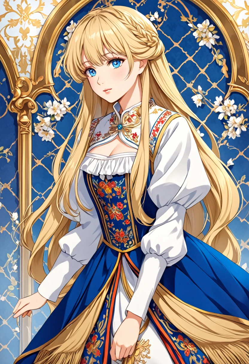 Anime young woman, blonde hair, fringe reparted in three parts, long and waivy hair, light and bright blue eyes, vintage royal Russian clothes, volumous chest