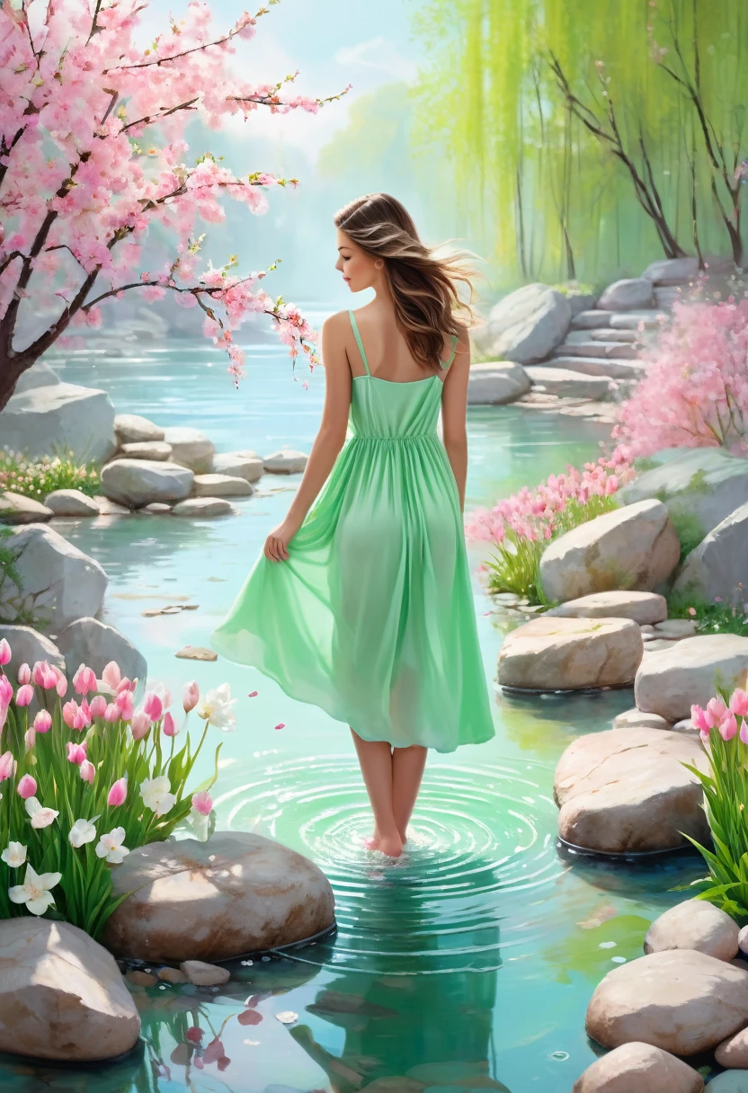 Detailed description of the visual element,The color palette is a mix of soft pastels and vibrant spring colors like green.,pink color,This combination evokes blooming flowers and fresh foliage.,Perfect for spring theme,High-quality images integrated into salon interiors,Peaceful environment,Girl standing on the water,Water splashes on the floor of the girl,Some stones have flowers on them,exudes fragrance,Includes before and after photos of customers who received spring makeovers,To highlight the salon's services,Use elegant script fonts for titles to convey elegance,And use a modern sans serif font for body text,To ensure readability and modernity, Dark Brown Curly Hair,Wearing a bright red salwar suit,focus,Close Range,Watch,Close your eyes,Surround her with spring graphics,For example, flowers and butterflies,Symbolizes the changing seasons and the essence