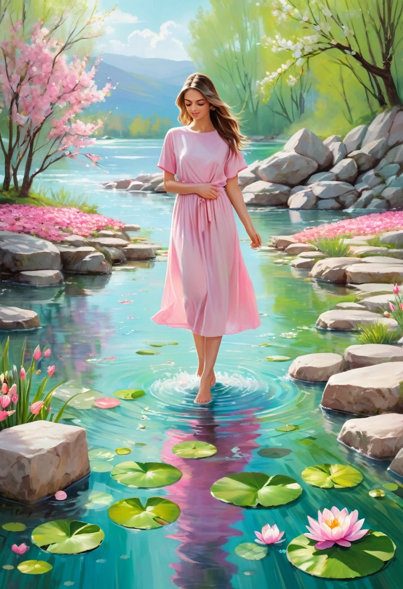 Detailed description of the visual element，The color palette is a mix of soft pastels and vibrant spring colors like green.，pink color，This combination evokes blooming flowers and fresh foliage.，Perfect for spring theme，High-quality images integrated into salon interiors，Peaceful environment，Girl standing on the water，Water splashes on the floor of the girl，Some stones have flowers on them，exudes fragrance，Includes before and after photos of customers who received spring makeovers，To highlight the salon&#39;s services，Use elegant script fonts for titles to convey elegance，And use a modern sans serif font for body text，To ensure readability and modernity， Dark Brown Curly Hair，Wearing a bright red salwar suit，focus，Close Range，Watch，Close your eyes，Surround her with spring graphics，For example, flowers and butterflies，Symbolizes the changing seasons and the essence