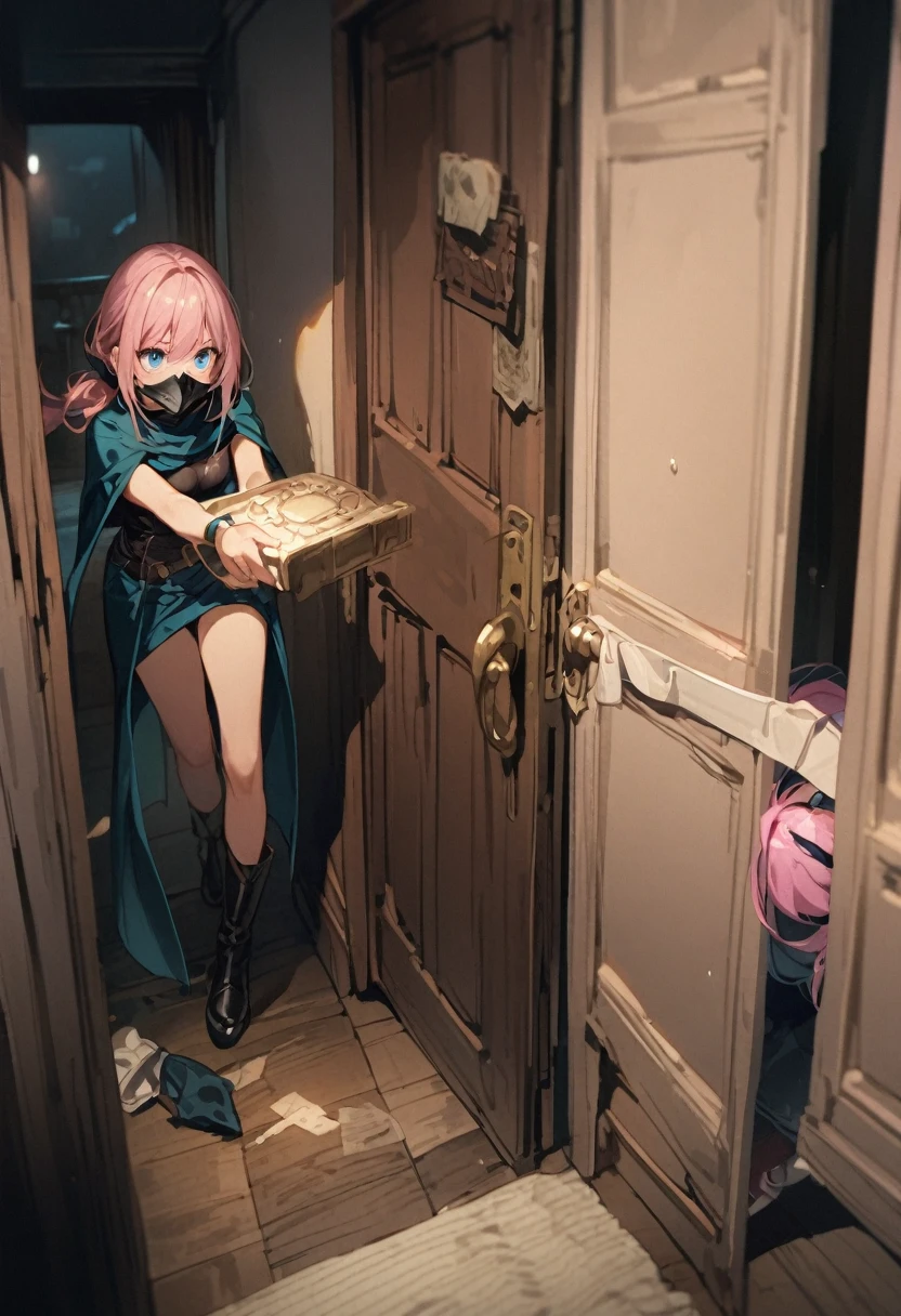 A scene from a movie、whole body、thief、Wearing a mask、Midnight、Break into the room、Open the safe、Girl with pink hair、blue eyes、Twin Drill