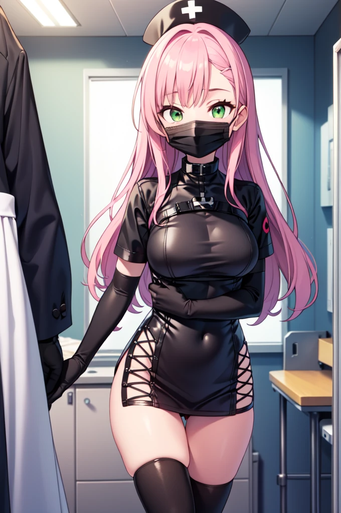 black nurse, 1girl, solo, black nurse cap, black nurse uniform, ((black legwear, zettai ryouiki)), black elbow gloves, pink hair, green eyes, drooping eyes, ((black surgical mask, covered nose)), standing, ((surgery room)), sharp outline, short sleeves, best quality, masterpiece