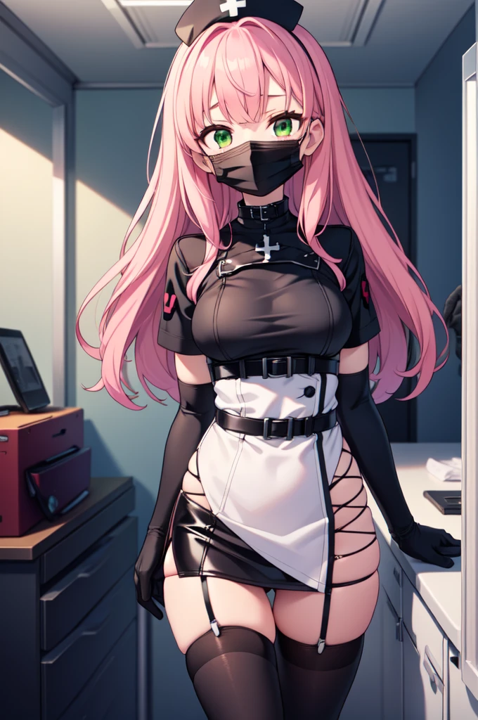 black nurse, 1girl, solo, black nurse cap, black nurse uniform, ((black legwear, zettai ryouiki)), black elbow gloves, pink hair, green eyes, drooping eyes, ((black surgical mask, covered nose)), standing, ((surgery room)), sharp outline, short sleeves, best quality, masterpiece