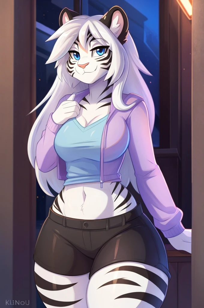 by Kilinah, by Coffeesoda, by Hioshiru, by Kilinah, uploaded E621 Beautiful and detailed portrait of a female (((female))) (Siberian white tiger) Antero, Zenematic lighting, seductive, bl, white tiger, thigh, chest Big, full body, beautiful, messy hair, white hair, blue eyes, single, standing, long hair, white tiger ears, tutura, tutura, thighs, white tiger, long sleeve cut blue top, visible belly, black shorts smile, happy