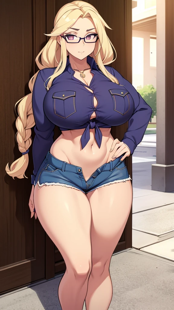 A beautiful sexy girl with a big breast, long round blonde hair, braids, her brown eye, big purple glasses, wearing a blouse, a light purple pocket with a button, tied knot, showing a navel and a blue shorts, a pocket with a black heel. 