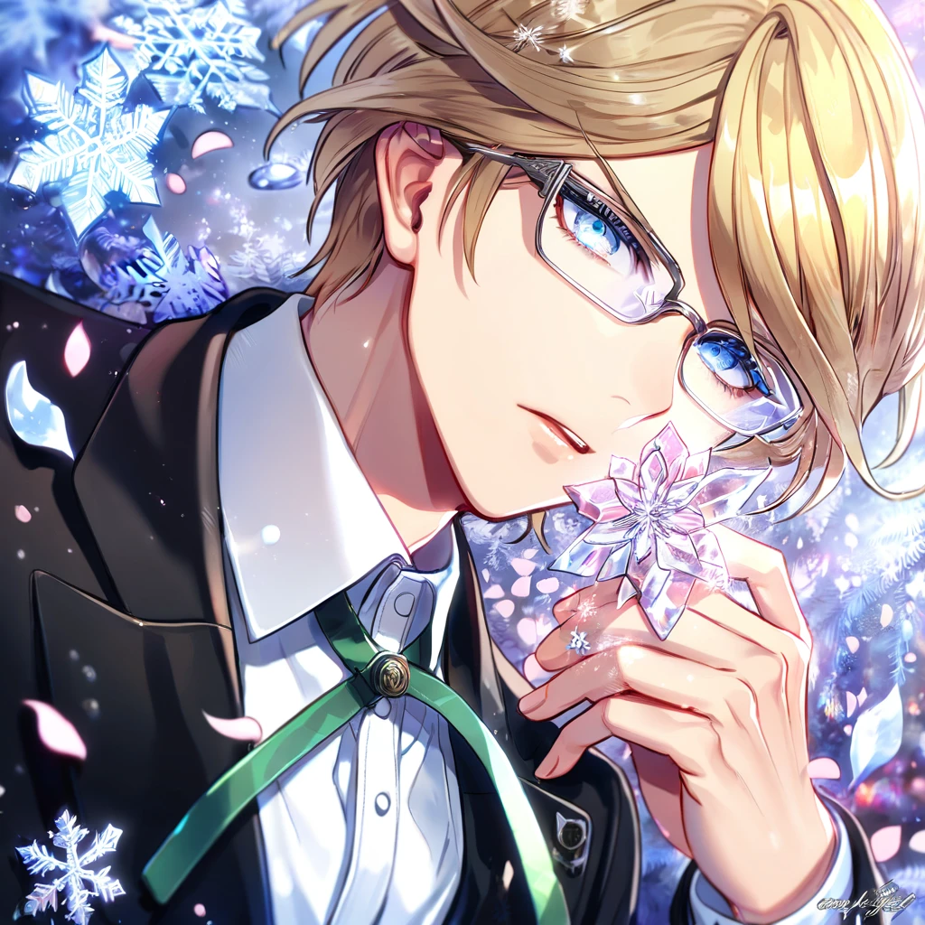Ultra detailed, HDR, Highres, absurdres, master piece, Togami Byakuya, blonde hair, expressive blue eyes, white glasses, black jacket, white shirt, Danganronpa, handsome, ice glittering butterflies, ice, petals, ice pink glass flowers, glittering, fantasy, magical, snowflakes, cold, solo, sexy man,